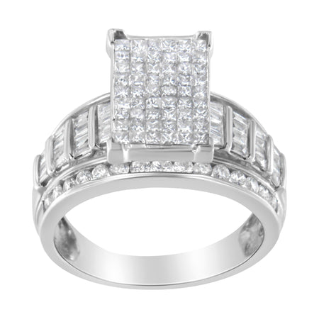 14K White Gold 2.0 Cttw Mixed-Cut Diamond Rectangle Invisible-Set Composite Cluster Ring with Bar- and Channel-Set Band (H-I Color, SI2-I1 Clarity)-1
