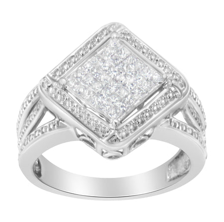 .925 Sterling Silver 2/5 Cttw Princess Cut Diamond Square On Point Cluster Composite Cocktail Ring (H-I Color, SI1-SI2 Clarity)-1