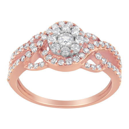 10K Rose Gold 3/4 Cttw Diamond Floral Cluster Head and Twisted Shank Cocktail  Ring (H-I Color, SI1-SI2 Clarity)--1