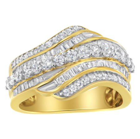 10K Yellow Gold 1.0 Cttw Baguette and Round Diamond Multi-Row Wave Bypass Ring (I-J Color, I1-I2 Clarity)-1