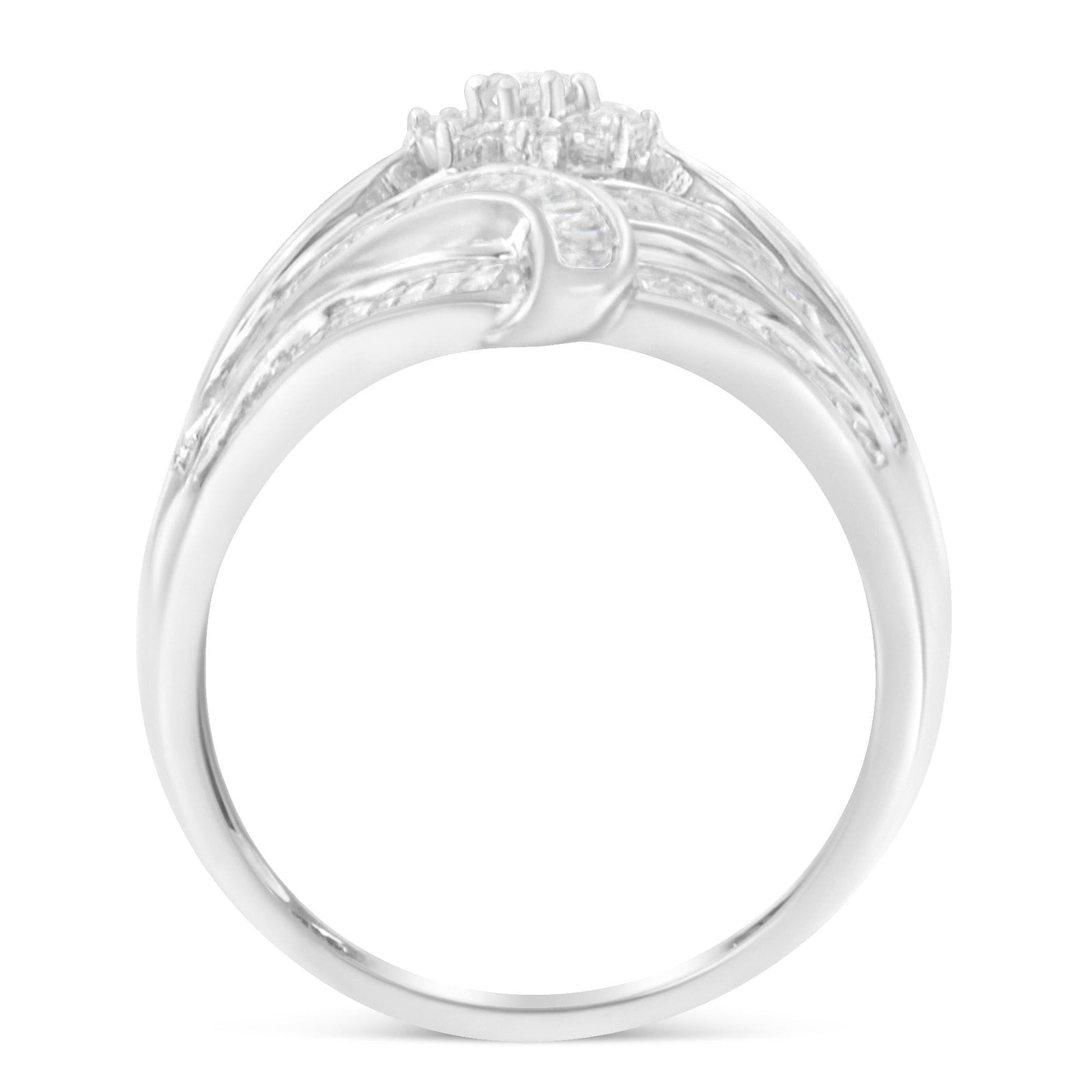 .925 Sterling Silver 1-1/8 Cttw Round & Baguette Diamond 'Flower & Fern' Cluster Cocktail Fashion Ring (I-J Color, I2-I3 Clarity)-1