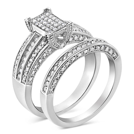 .925 Sterling Silver 3/4 Cttw Prong Set Round Diamond Composite Engagement Ring and Band Set (I-J Color, I3 Clarity)