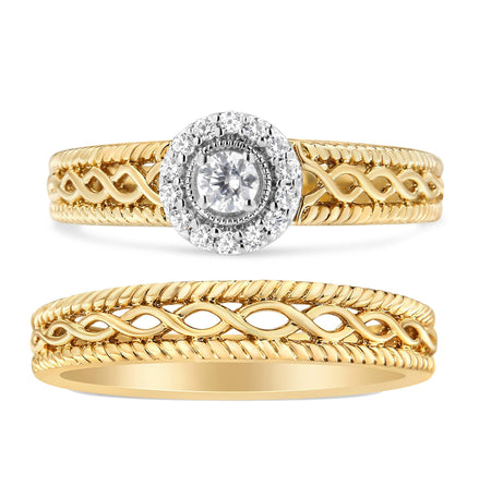 14K Yellow Gold Plated .925 Sterling Silver 1/5 Cttw Diamond Halo Engagement Ring and Wedding Band Set (I-J Color, I3 Clarity)