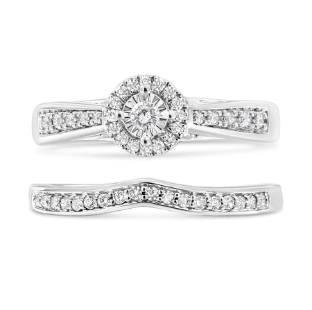.925 Sterling Silver 1/3 Cttw Diamond Halo and Pave Shank Engagement Ring Set (I-J Color, I3 Clarity)-1