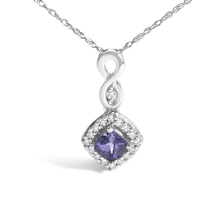 10K White Gold Blue Purple Tanzanite and Diamond Accent Cushion Drop Pendant Necklace - 18" Inches-1