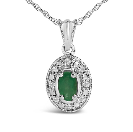 14K White Gold Oval Green Emerald and Diamond Halo Pendant Necklace - 18" Inches
