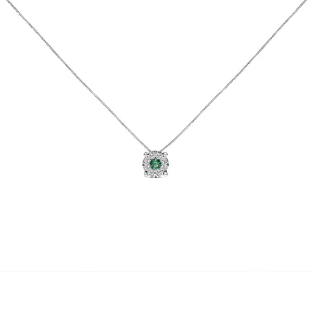14K White Gold 3.8 MM Green Emerald and 1/3 Cttw Diamond Composite Halo 18" Pendant Necklace (F-G Color, VS2-SI1 Clarity)-1