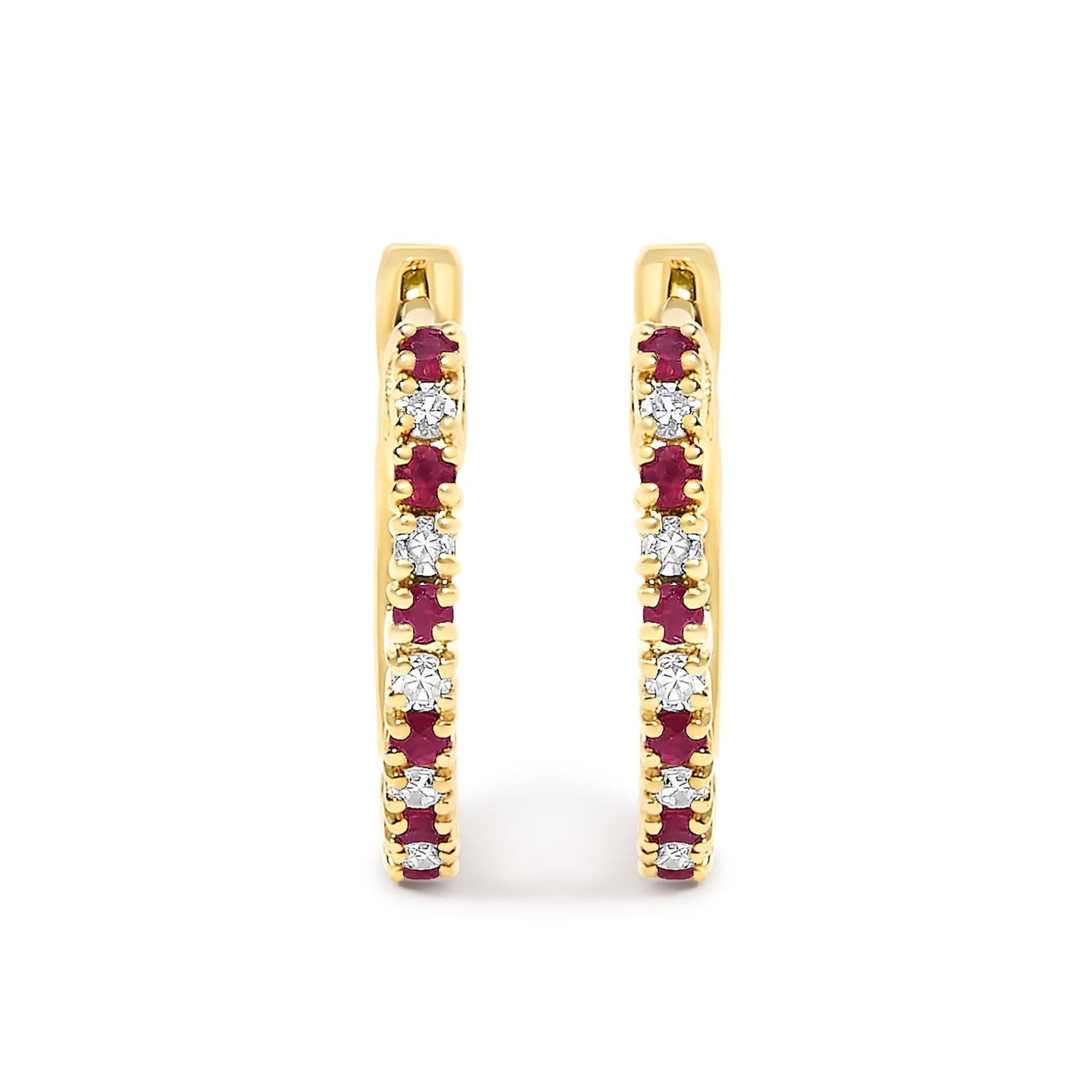 10K Gold Alternating Diamond and Red Ruby Huggy Hoop Earrings