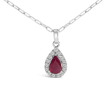 14K White Gold 6x4 Pear Red Ruby and Diamond Halo Pendant Necklace - 18" Inches-1