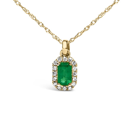 10K Yellow Gold 5x3mm Green Emerald and Diamond Accent Halo Octagonal Shape 18" Pendant Necklace (I-J Color, I1-I2 Clarity)-1