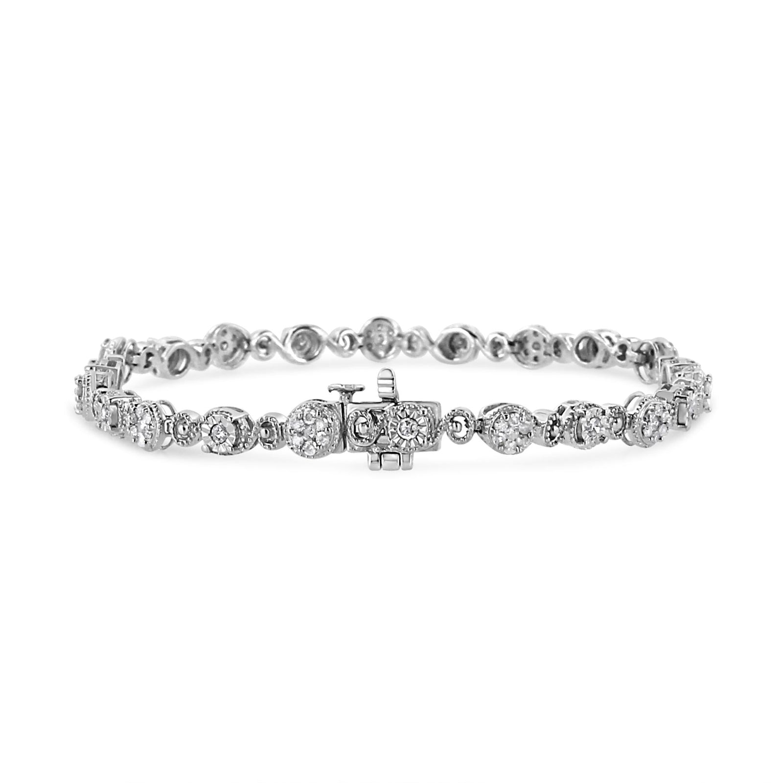 .925 Sterling Silver 1.0 Cttw Diamond Swirl Beaded Link Bracelet (I-J Color, I3-Promo Clarity) - 7.25" Inches-1