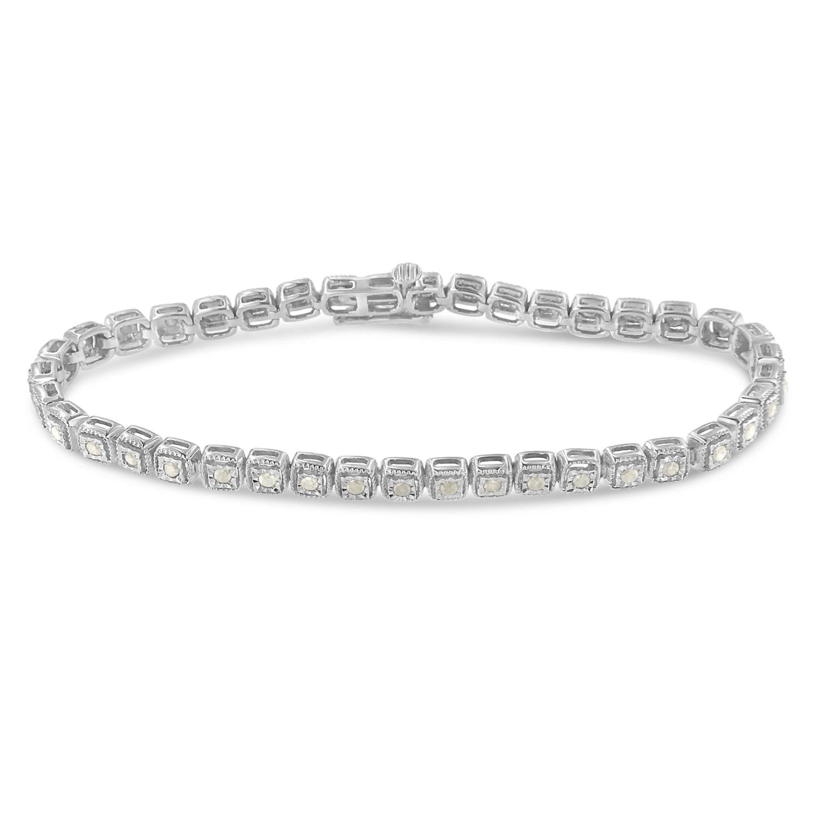 .925 Sterling Silver 1.0 Cttw Diamond Miracle-Set Square Milgrain 7" Link Tennis Bracelet (I-J Color, I3 Clarity)