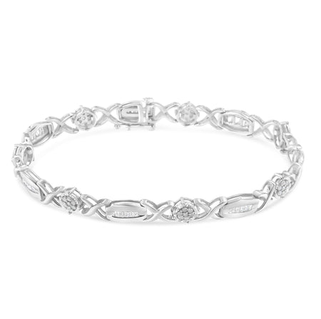 .925 Sterling Silver 1.0 Cttw Round-Cut and Baguette-Cut Diamond X-Link Bracelet (I-J Color, I1-I2 Clarity) - 7"-1