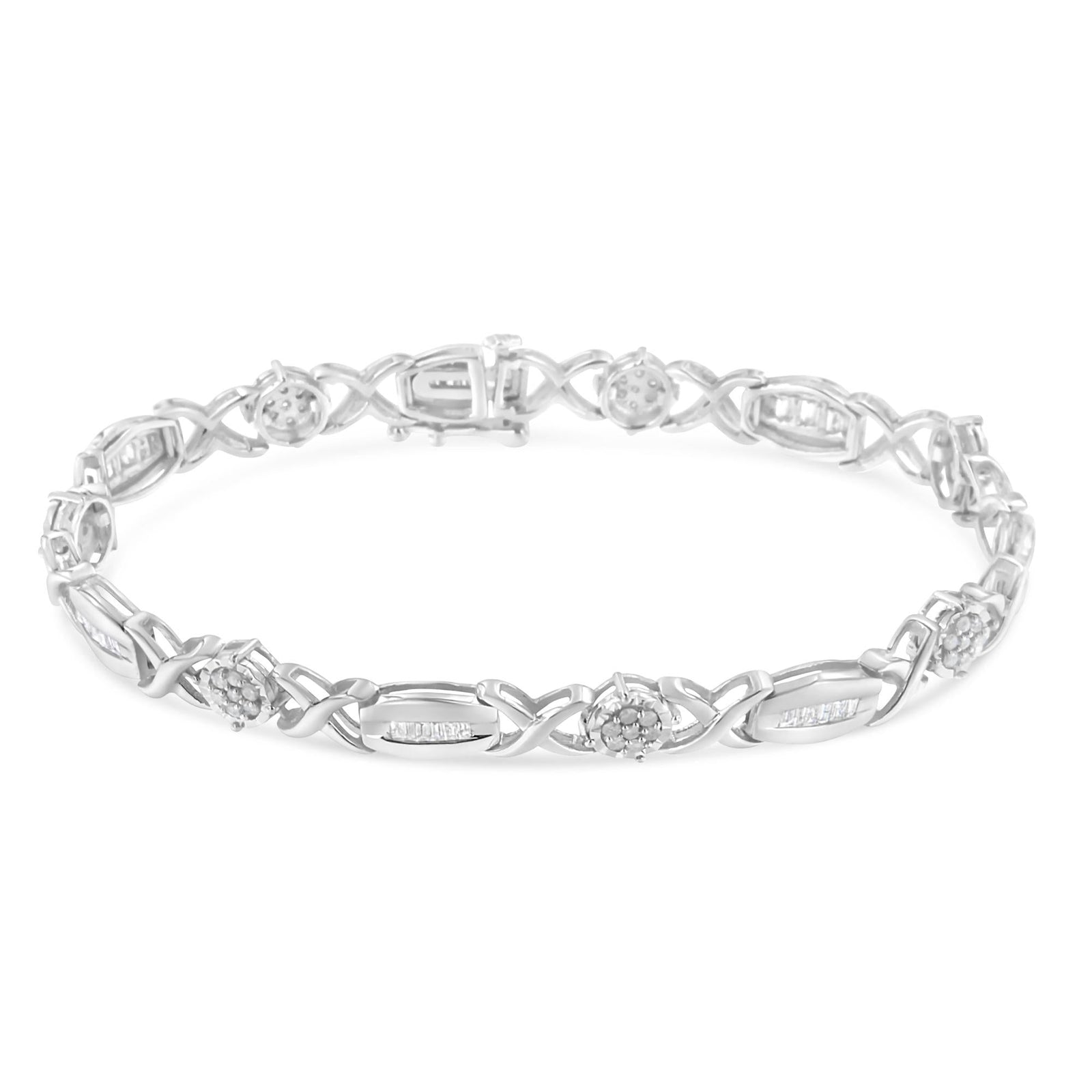 .925 Sterling Silver 1.0 Cttw Round-Cut and Baguette-Cut Diamond X-Link Bracelet (I-J Color, I1-I2 Clarity) - 7"-1