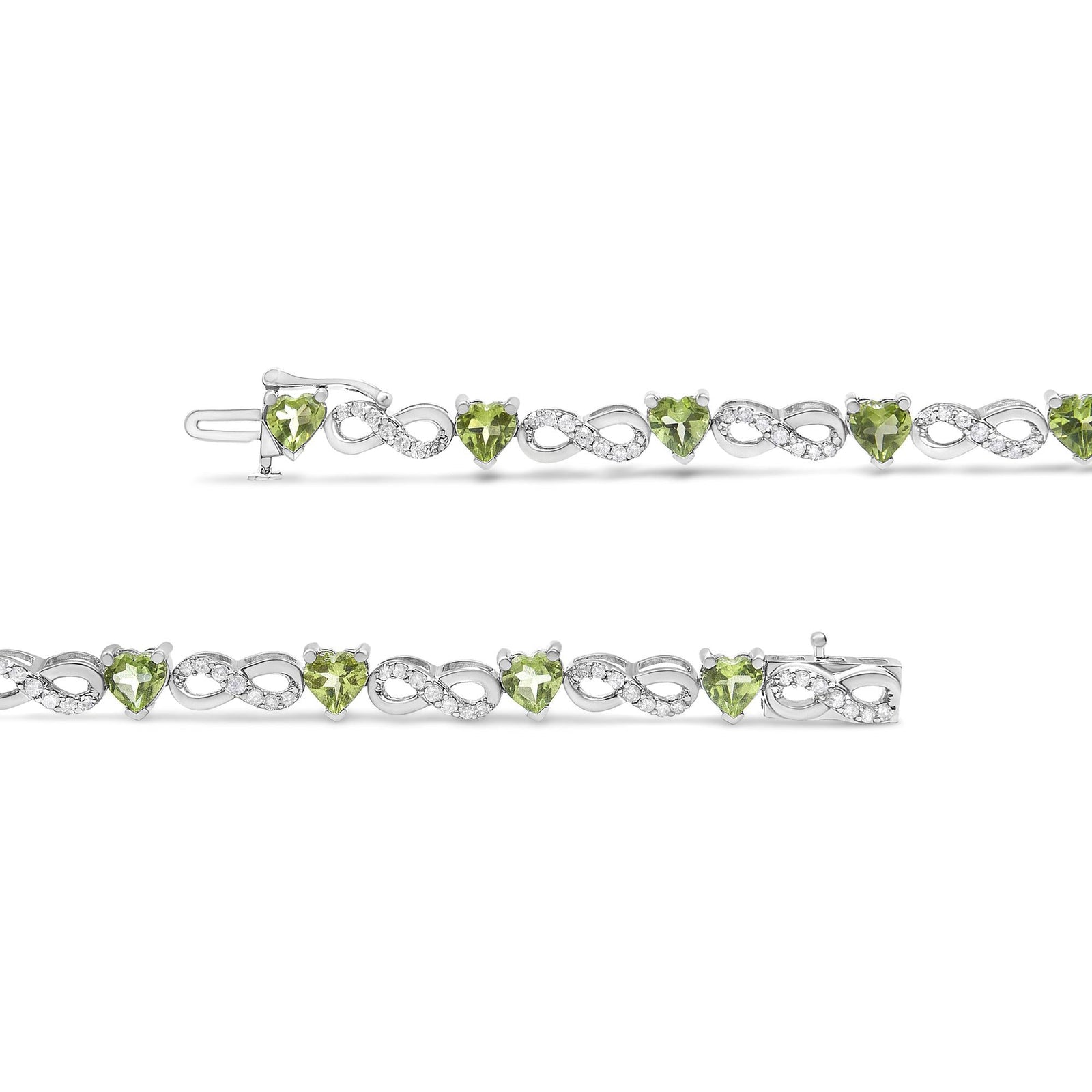 .925 Sterling Silver 1.00 Cttw Diamond and 4.00mm Lab Created Green Heart-Shaped Peridot Infinity Link Bracelet (I-J Color, I2-I3 Clarity) - 7.25"-2