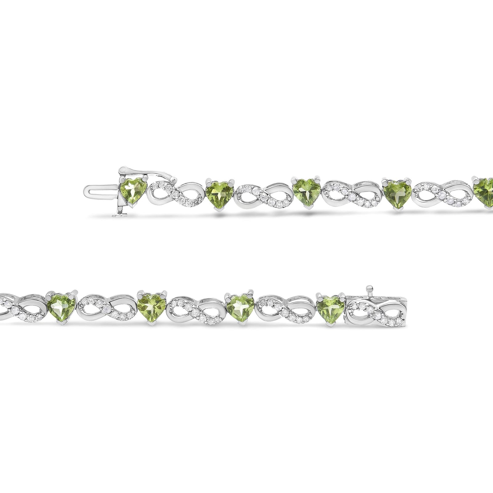 .925 Sterling Silver 1.00 Cttw Diamond and 4.00mm Lab Created Green Heart-Shaped Peridot Infinity Link Bracelet (I-J Color, I2-I3 Clarity) - 7.25"-3