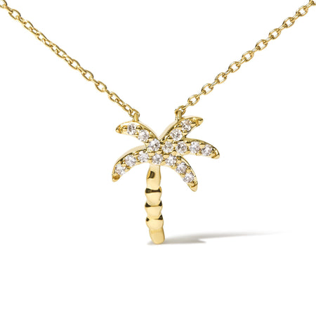 10K Yellow Gold 1/10 Cttw Round Diamond Palm Tree 18" Inch Pendant Necklace (H-I Color, I1-I2 Clarity)-1