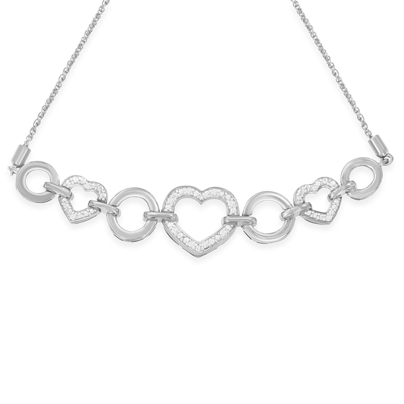 .925 Sterling Silver 1/10 Cttw Round-Cut Diamond Heart-Link Adjustable Bolo Bracelet ( H-I Color, I2-I3 Clarity) - 6"-9" Adjustable-1