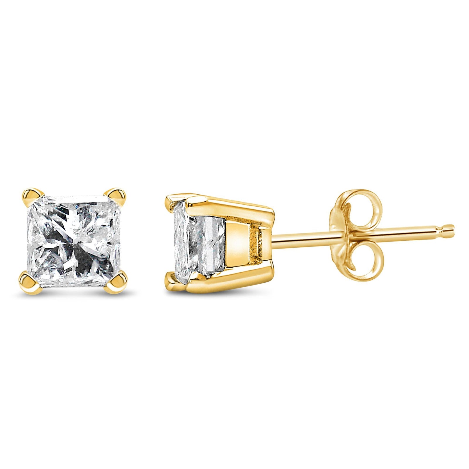 IGI Certified 14k Yellow Gold 4-Prong Set Princess-Cut Solitaire Diamond Push Back Stud Earrings (L-M Color, I1-I2 Clarity)-3