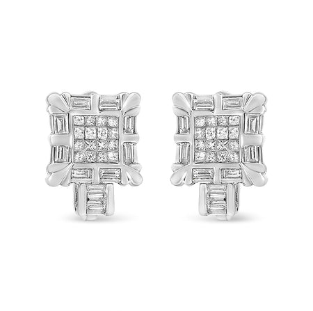 14K White Gold 1.0 Cttw Princess and Baguette-Cut Diamond Square Framed Huggie Hoop Omega Earrings (H-I Color, SI1-SI2 Clarity)