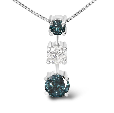 14K White Gold 1 1/2 Cttw Treated Blue and White Diamond 3-Stone 18" Pendant Necklace (Blue/H-I Color, I1-I2 Clarity)-1