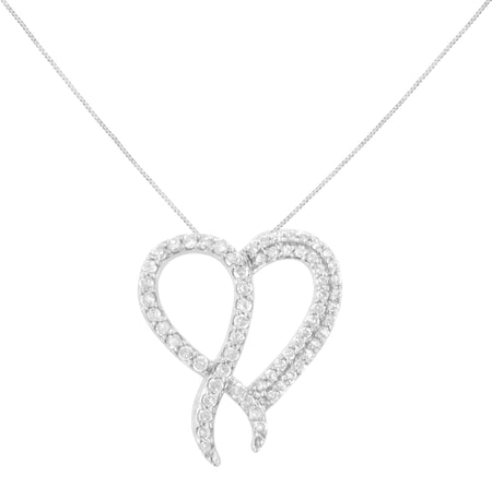 .925 Sterling Silver 1 cttw Diamond Heart and Ribbon 18" Pendant Necklace (I-J Clarity, I2-I3 Color) - 18"-1