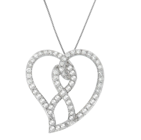 14K White Gold 1.0 Cttw White Diamond Awareness Ribbon & Open Heart 18" Pendant Necklace (H-I Color, I1-I2 Clarity) - White Diamond Ribbon-1