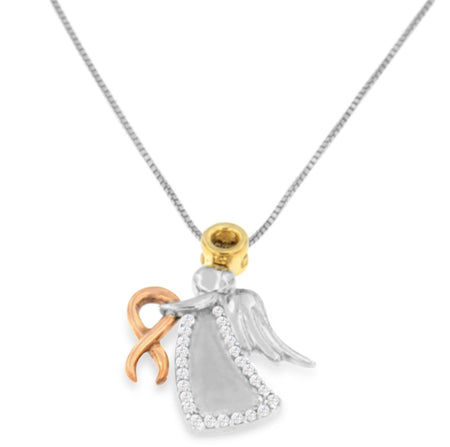 10K Tri-Color Gold Diamond-Accented Angel Awareness Ribbon Pendant Necklace (H-I Color, I1-I2 Clarity)-1