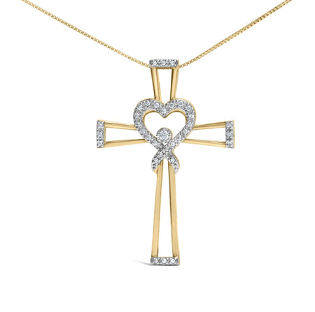 14K Yellow Gold Plated .925 Sterling Silver 1/6 Cttw Diamond Interlocking Heart and Ribbon Cross Pendant Necklace (H-I Color, I2-I3 Clarity) - 18" Inches-1