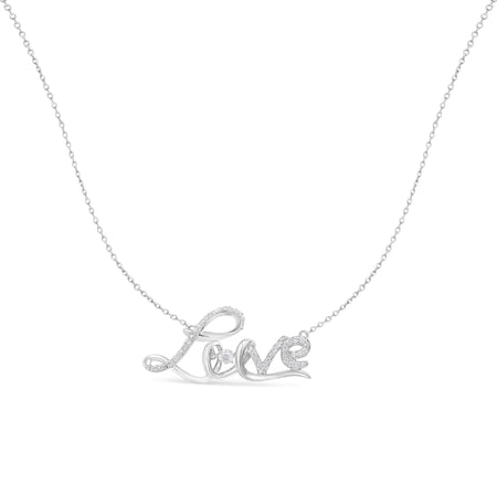 .925 Sterling Silver 1/4 Cttw Diamond Cursive "Love" 18" Pendant Necklace (H-I Color, I1-I2 Clarity)-1