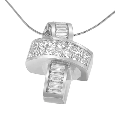 14K White Gold 2 cttw Princess and Baguette Cut Diamond Ribbon Pendant Necklace (H-I, SI-SI2)-1
