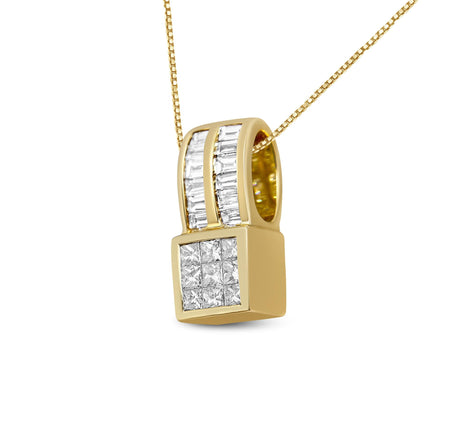 14K Yellow Gold 1 1/4 cttw Princess and Baguette Cut Geometric Inspired Diamond Pendant Necklace (H-I, VS1-VS2)-1