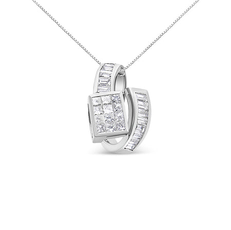 14K White Gold 2 cttw Princess and Baguette Cut Diamond Double Loop Pendant Necklace (G-H, VS1-VS2)-1
