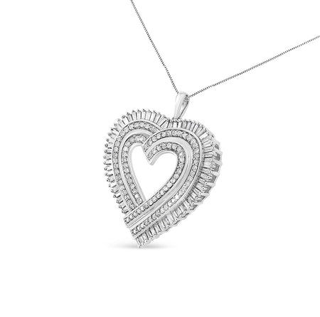 .925 Sterling Silver 1 1/4 Cttw Round and Baguette-Cut Diamond Composite Heart 18" Pendant Necklace (I-J Color, I1-I2 Clarity)-1