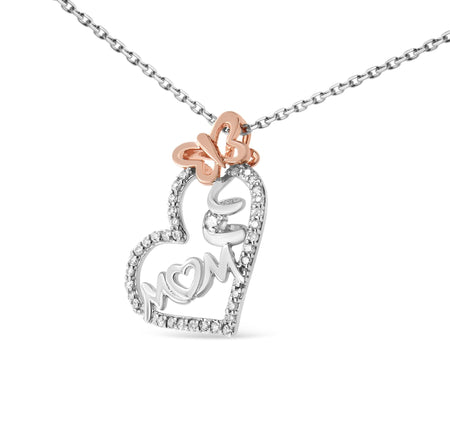 Two Tone .925 Sterling Silver 1/5 cttw Diamond "Mom" and Heart Pendant Necklace (H-I, I1-I2)-1