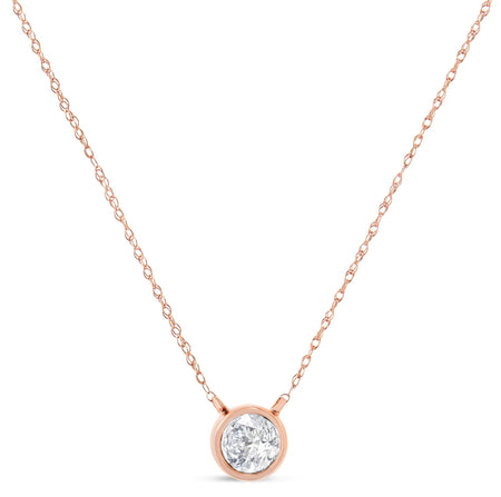 AGS Certified 10K Rose Gold 1/5 Cttw Bezel Set Round Diamond Solitaire 16-18" Adjustable Pendant Necklace (H-I Color, VS1-VS2 Clarity)-1
