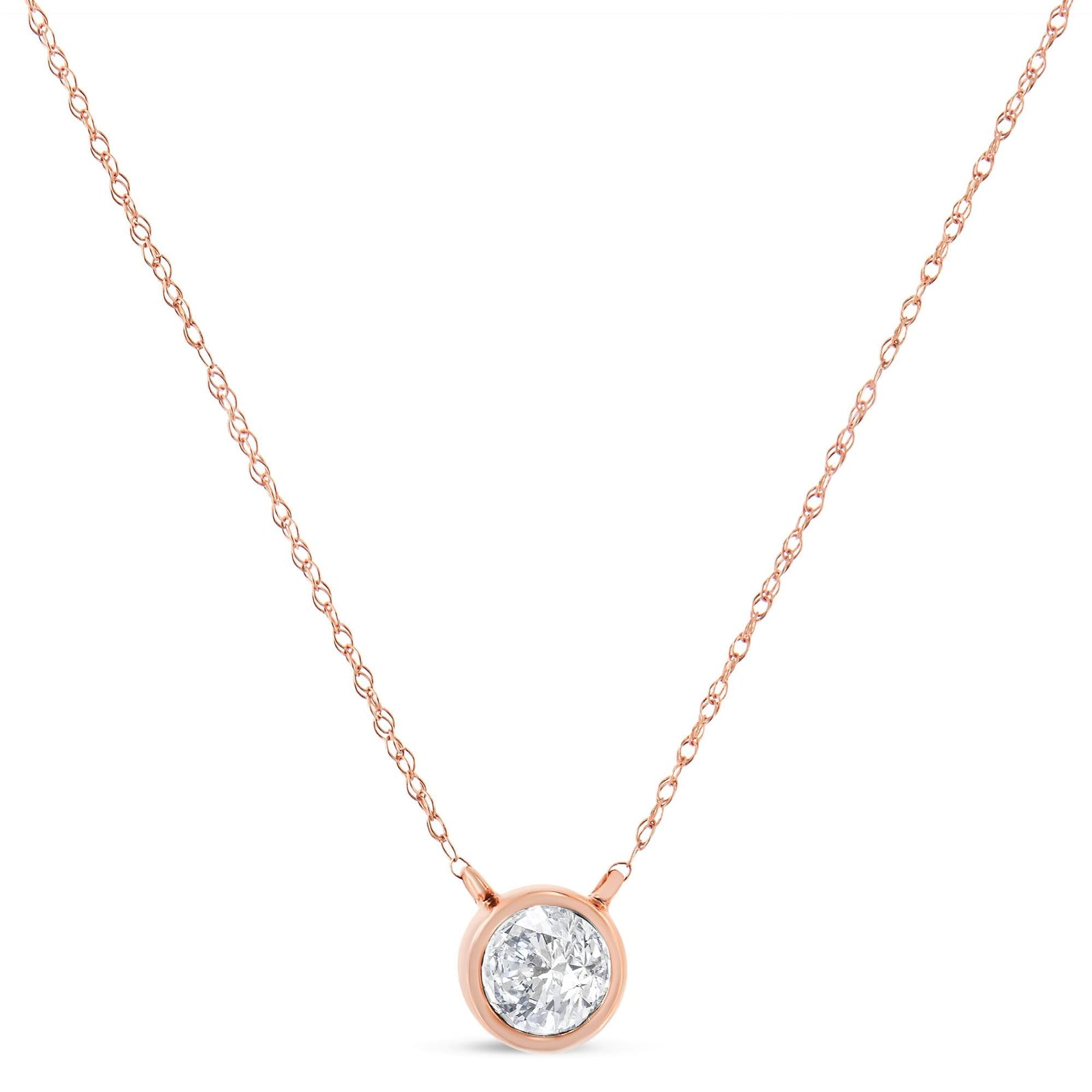 AGS Certified 10K Rose Gold 1/5 Cttw Bezel Set Round Diamond Solitaire 16-18" Adjustable Pendant Necklace (H-I Color, VS1-VS2 Clarity)-1