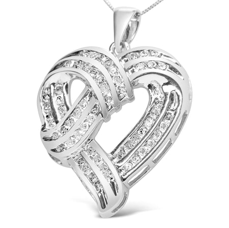 .925 Sterling Silver 1 1/4 Cttw Round Diamond Openwork Ribbon Weave Heart Pendant 18" Necklace (I-J Color, I3 Clarity)-1