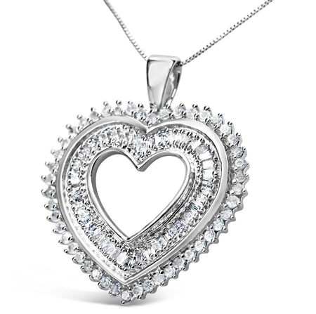.925 Sterling Silver 1.0 Cttw Baguette and Round Diamond  Heart Pendant 18" Necklace (H-I Color, I3 Clarity)-1