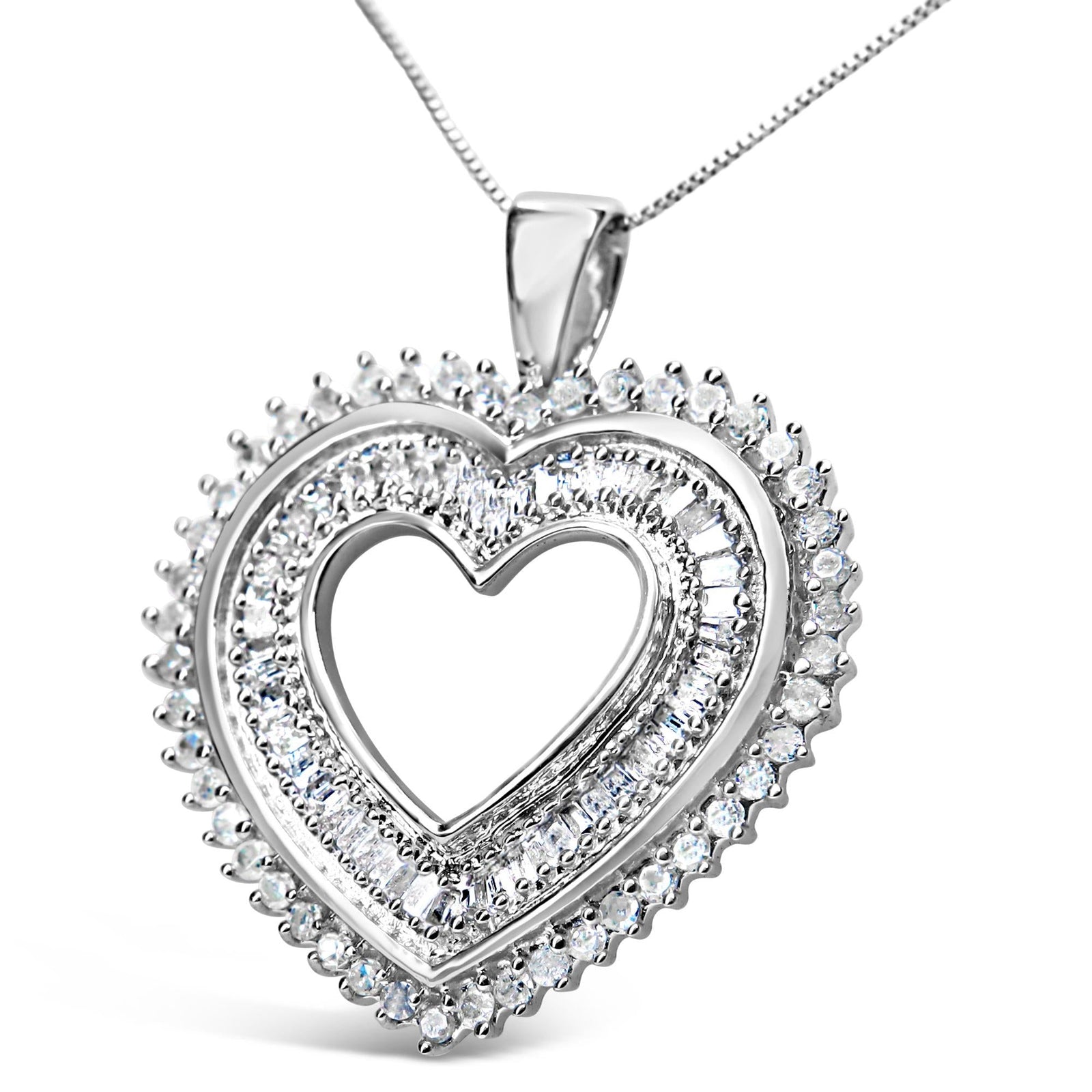 .925 Sterling Silver 1.0 Cttw Baguette and Round Diamond  Heart Pendant 18" Necklace (H-I Color, I3 Clarity)-1