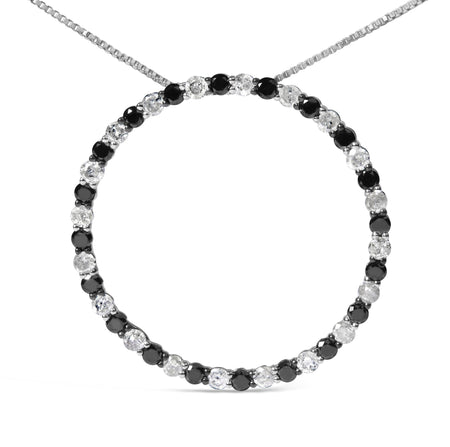 .925 Sterling Silver 2.0 Cttw Alternating Black and White Diamond Open Hoop Circle Pendant Necklace (H-I Color, I2-I3 Clarity) - 18" Inches-1
