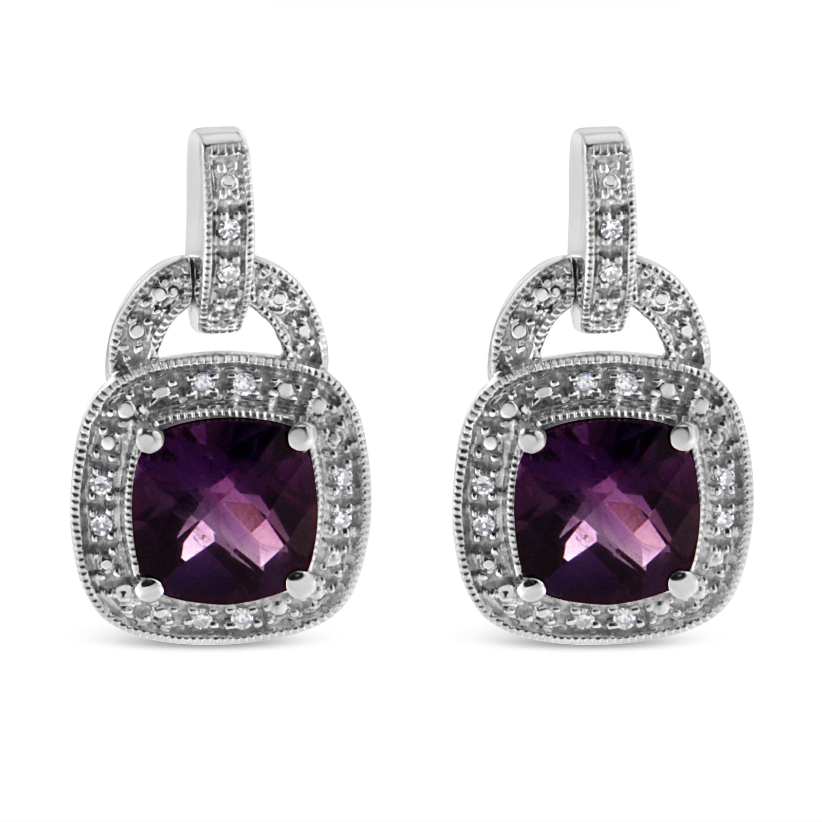 .925 Sterling Silver 8MM Natural Cushion Shaped Amethyst and Diamond Accent Halo with Push Back Dangle Earrings (I-J Color, I2-I3 Clarity)-1