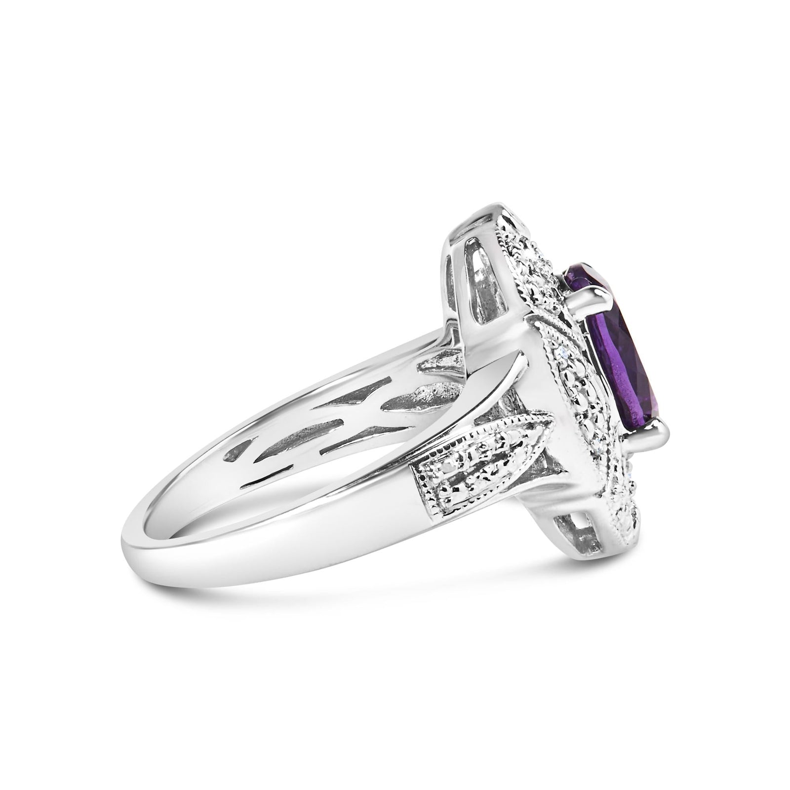 .925 Sterling Silver 9x7mm Oval Purple Amethyst and Round Diamond Accent Fashion Cocktail Ring (I-J Color, I1-I2 Clarity)-1