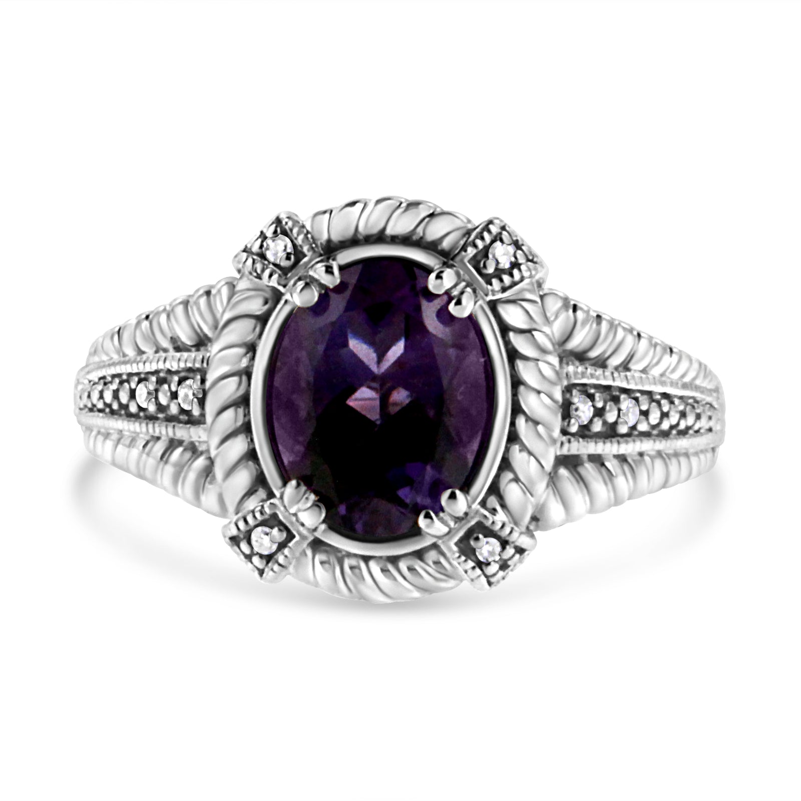 .925 Sterling Silver 9X7 Oval MM Purple Amethyst Solitaire and Diamond Accent Ring-1