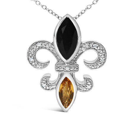 .925 Sterling Silver Marquise Onyx and Citrine and Diamond Accent Fleur De Lis Pendant Necklace (H-I Color, SI1-SI2 Clarity) - 18"-1