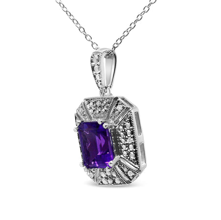 .925 Sterling Silver Purple Amethyst and Diamond Accent Art Deco Style 18" Pendant Necklace (I-J Color, I1-I2 Clarity)-1