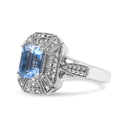 .925 Sterling Silver Diamond Accent and 8X6 mm Emerald-Shape Blue Topaz Ring (I-J Color, I2-I3 Clarity)-1