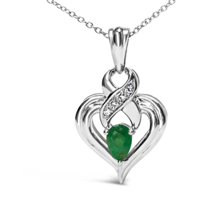 .925 Sterling Silver 6x4mm Pear Emerald and Diamond Accent Heart Pendant Necklace (H-I Color, SI1-SI2 Clarity) - 18 Inches-1