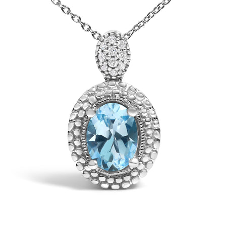 .925 Sterling Silver Oval Blue Topaz and Diamond Accent with Beaded Halo Pendant Necklace - 18" Inches-1