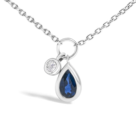 10K White Gold 6x4 mm Pear Blue Sapphire and Diamond  Accent Charm Pendant Necklace - 18" Inches-1